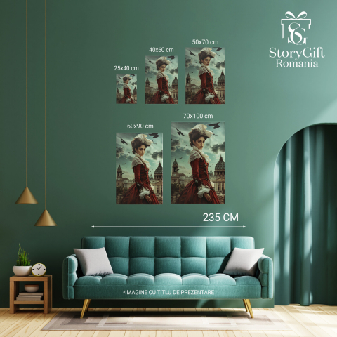 Tablou Canvas - Doamna în Rochie Roșie de Epocă în Mijlocul Orașului: Păsări în Zbor și Pălărie Albă, Marime 40x25CM [3]