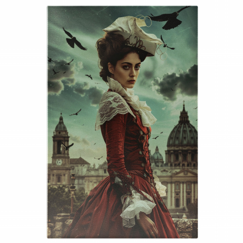 Tablou Canvas - Doamna în Rochie Roșie de Epocă în Mijlocul Orașului: Păsări în Zbor și Pălărie Albă, Marime 40x25CM