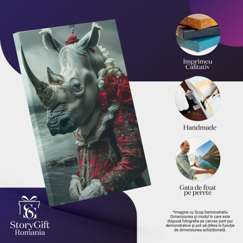 Doamna Rinocer cu Rochie Regală Roșie și Trandafiri - Tablou Canvas, Marime 40x25CM [1]