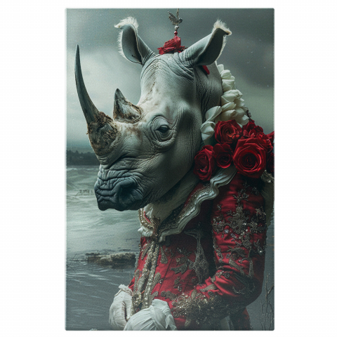 Animale - Doamna Rinocer cu Rochie Regală Roșie și Trandafiri - Tablou Canvas, Marime 40x25CM