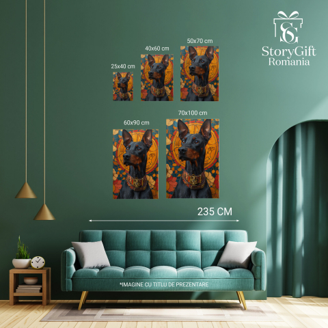 Tablou Canvas Doberman Negru cu Zgarda Maro, Ochii Căprui și Privire Ațentă | Pictură Digitală, Marime 40x25CM [3]