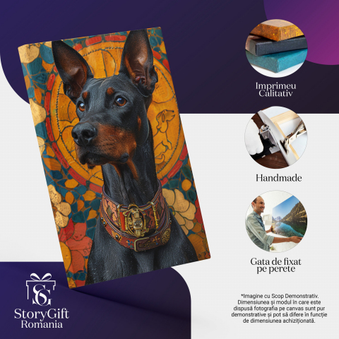 Tablou Canvas Doberman Negru cu Zgarda Maro, Ochii Căprui și Privire Ațentă | Pictură Digitală, Marime 40x25CM [1]