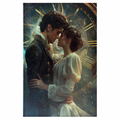 Lovers Embracing - Girl in White Dress Kissing Boy in Blue Suit - Digital Art, Marime 40x25CM