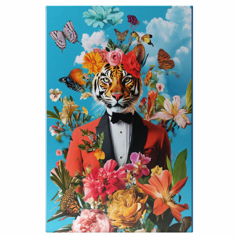 Abstract - Eleganță în Costum Roșu cu Papion Negru și Cer NorosMarime 40x25CM