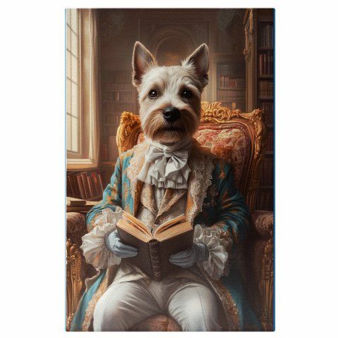 Personalizate cu Animalul Tau -  Tablou Canvas Personalizat Domn Regal Pe Fotoliu Cu Jachetă Albastră Și Mănuși AlbeMarime 140x90CM