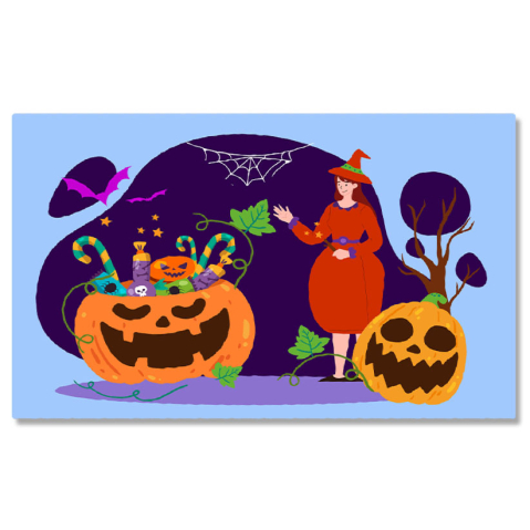 Tablouri Canvas - Tablou Canvas Domna Imbracata in Portocaliu langa Dovleacul cu Dulciuri si Lileci Roz care Zboara 40x25CM