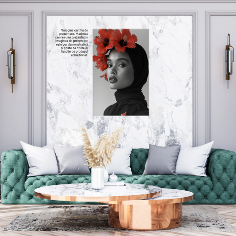 Domnișoara Arapcă cu Hijab Înfrumusețat cu Flori Roșii - Portret Modernist, Marime 40x25CM [2]