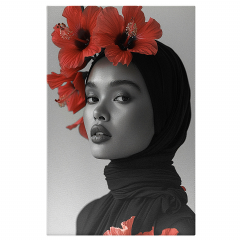 Domnișoara Arapcă cu Hijab Înfrumusețat cu Flori Roșii - Portret Modernist, Marime 40x25CM