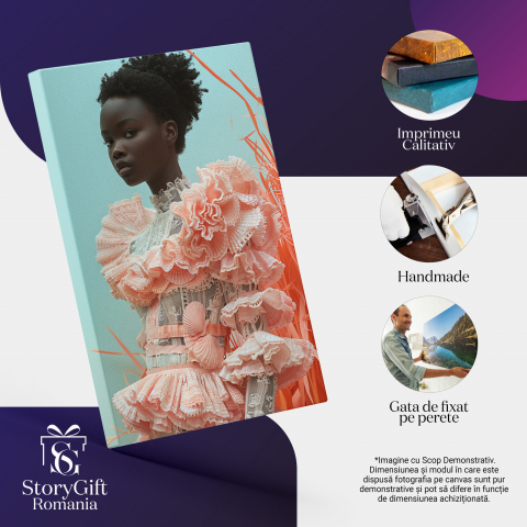 Domnișoara cu Scoici Textile - Tablou Canvas cu Rochie Roz Volane, Marime 40x25CM [1]