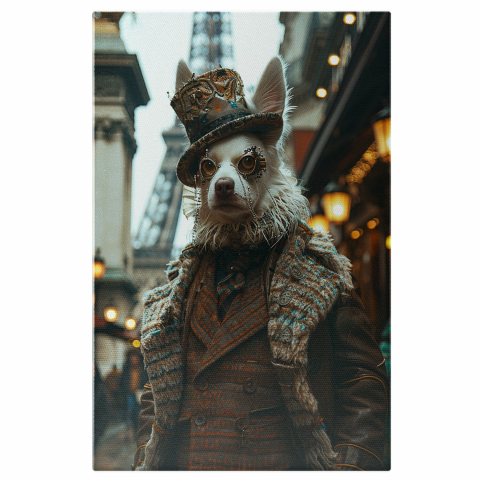 Câini - Tablou Canvas - Domnul Câine Tiki cu Ochelari Stilati și Joben Brodat, Marime 40x25CM