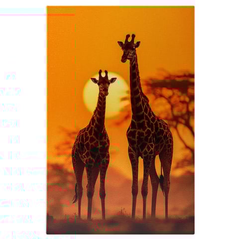 Apus și Răsări - Tablou Canvas Girafe în Savana – Pictură Digitală Colorată, Marime 40x25CM