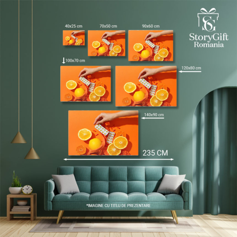 Tablou Canvas Doza de sanatate Vitamina C in tablete, servite alaturi de felii de portocala pe farfurie, pentru o rutina zilnica de ingrijire. 40x25CM [4]