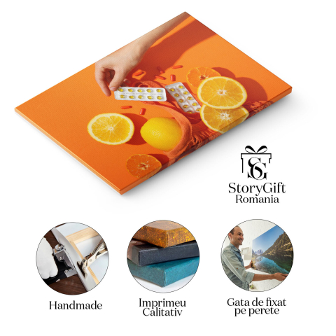 Tablou Canvas Doza de sanatate Vitamina C in tablete, servite alaturi de felii de portocala pe farfurie, pentru o rutina zilnica de ingrijire. 40x25CM [1]