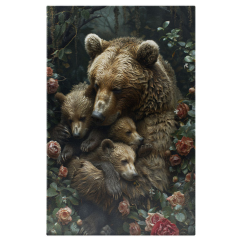 Animale - Tablou Canvas Dragostea Necondiționată a Ursului Mamă Față de Puii ei Strânși în Brațe , Pictura Digitala 40x25CM