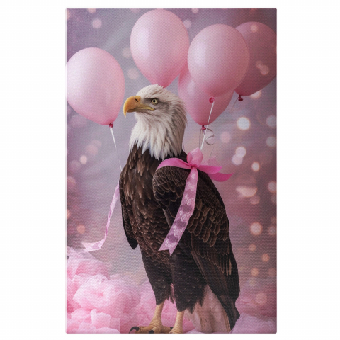 Păsări - Tablou Canvas Vulturul Plesuv cu Baloane Legate de Aripi - Dulcegării și Pufosenii în Nuante de Roz, Marime 40x25CM