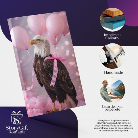 Tablou Canvas Vulturul Plesuv cu Baloane Legate de Aripi - Dulcegării și Pufosenii în Nuante de Roz, Marime 90x60CM [1]