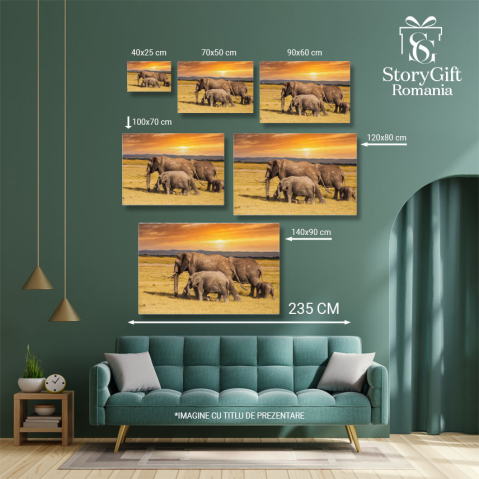 Tablou Canvas Elefanti cu Elefanti Bebelusi in Parcul National din Kenya safari, apus, turma, familie, natura africana 1821 40x25CM [4]