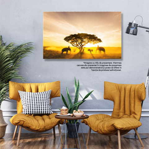 Tablou Canvas Elefanti in Lumina Zorilor din Asia agro-cultura, mamifere, terenuri cultivate, culoare, dimineata 1805 40x25CM [2]