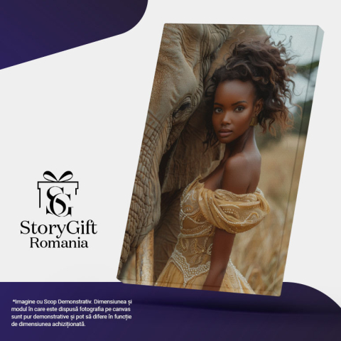 Tablou Canvas  Elefantul cu Ochii Intristati si Coarne Mari care sta langa Fata Africana cu Cercei in Rochie Galbena , Pictura Digitala 40x25CM [4]