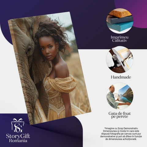 Elefant cu Ochii Triști și Fata Africană în Rochie Galbenă, Marime 40x25CM [1]