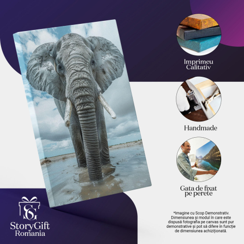 Tablou Canvas Elefantul Gri în Apă Tărâmuri Întinse de Ape și Pământ Portret Singural , Pictura Digitala 40x25CM [2]