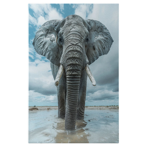 Animale - Tablou Canvas Elefantul Gri în Apă Tărâmuri Întinse de Ape și Pământ Portret Singural , Pictura Digitala 40x25CM