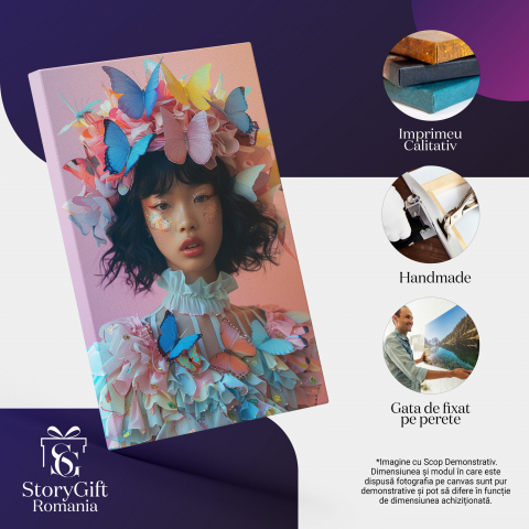 Eleganța Avangardei - Tablou Canvas cu Femeia cu Palarie din Fluturi și Machiaj Vibrant, Marime 40x25CM [1]