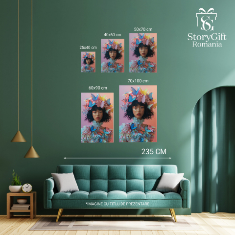 Eleganța Avangardei - Tablou Canvas cu Femeia cu Palarie din Fluturi și Machiaj Vibrant, Marime 40x25CM [3]