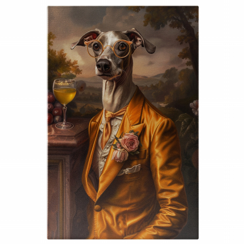 Câini - Tablou Canvas Eleganță în Mătase: Câine Înalț Servind un Pahar de Vin Alb, Marime 40x25CM