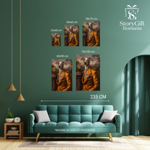 Tablou Canvas Eleganță în Mătase: Câine Înalț Servind un Pahar de Vin Alb, Marime 40x25CM [3]