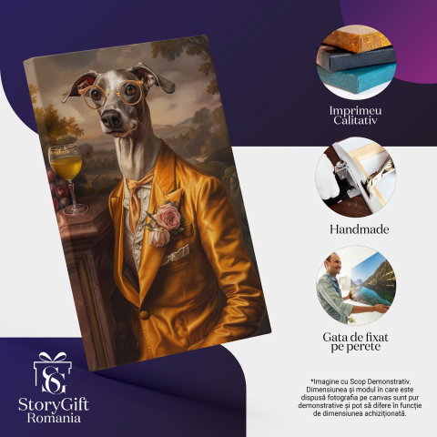 Tablou Canvas Eleganță în Mătase: Câine Înalț Servind un Pahar de Vin Alb, Marime 40x25CM [1]