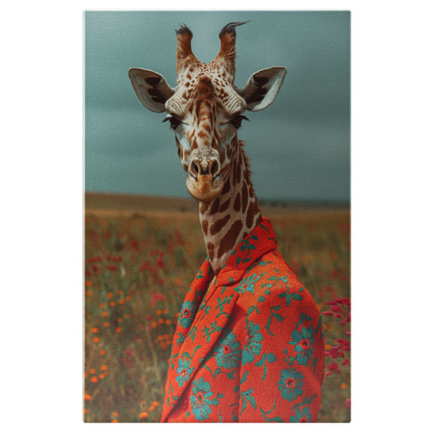 Animale - Tablou Canvas Eleganța Înaltă Girafa Cu Blazer Floral În Câmpul De Flori Sălbatice , Pictura Digitala 40x25CM