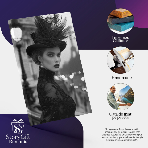 Tablou Canvas: Eleganță Pariziană Portret Alb Negru Rochie din Dantelă și Pălărie Sofisticată Pictura Digitala 40x25CM [2]