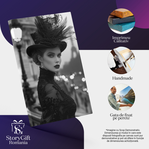 Portret Alb-Negru Eleganța Pariziană cu Rochie din Dantelă și Pălărie, Marime 40x25CM [1]