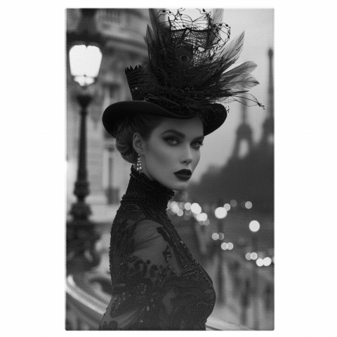 Portret Alb-Negru Eleganța Pariziană cu Rochie din Dantelă și Pălărie, Marime 40x25CM