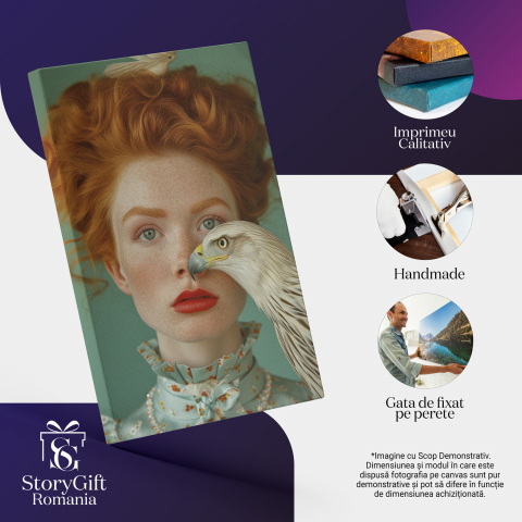 Eleganță și Agilitate - Portret Femeie Roșcată cu Uliu și Ochi Expresivi - Artă Digitală, Marime 40x25CM [1]