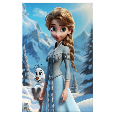 Portret - Tablou Canvas:  Elsa,printesa Frozen si prietenul Olaf in padurea inzapezita -pentru Iubitorii de desene animate Pictura Digitala 40x25CM