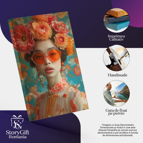 Tablou Canvas:  Enchanting Women cu Ochelari in Rochie Japoneza cu Flori in Par si Cercei Pictura Digitala 40x25CM [2]