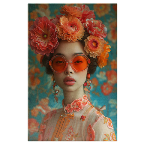 Modă - Tablou Canvas:  Enchanting Women cu Ochelari in Rochie Japoneza cu Flori in Par si Cercei Pictura Digitala 40x25CM