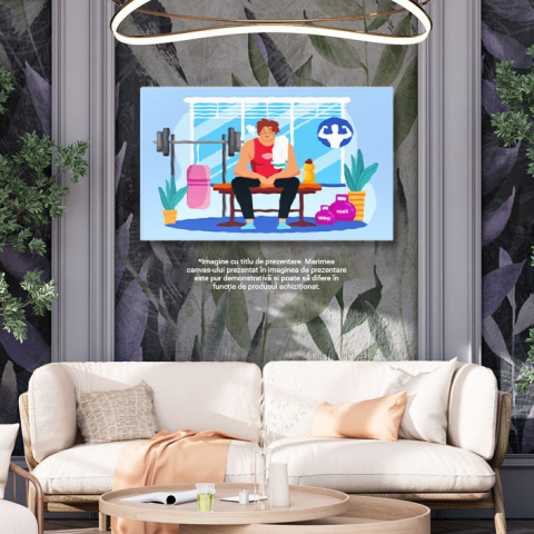 Tablou Canvas Epuizatul Baiat la Sala cu Prosopul pe Umar in Maiou Rosu Asezat langa Sticla de Apa 40x25CM [2]