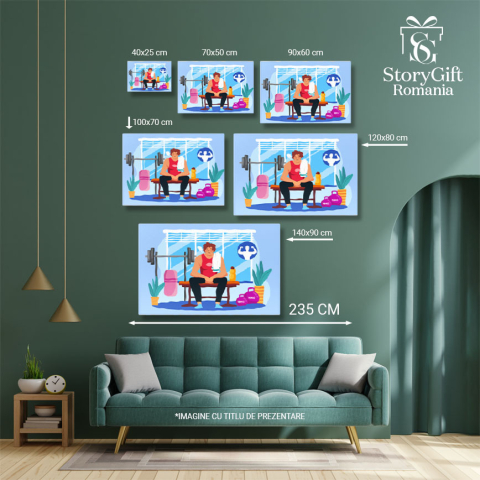 Tablou Canvas Epuizatul Baiat la Sala cu Prosopul pe Umar in Maiou Rosu Asezat langa Sticla de Apa 40x25CM [4]