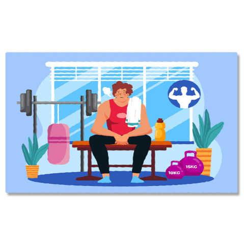 Sport - Tablou Canvas Epuizatul Baiat la Sala cu Prosopul pe Umar in Maiou Rosu Asezat langa Sticla de Apa 40x25CM