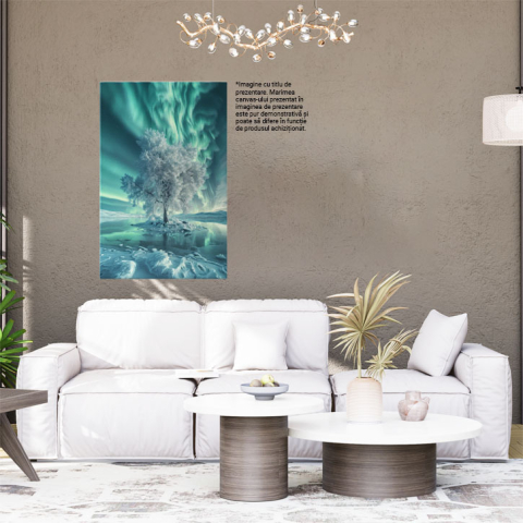 Tablou Canvas: Esența Aurorei Boreale și Copacul Crescut în Mijlocul Ochiului de Gheață Pictura Digitala 40x25CM [1]