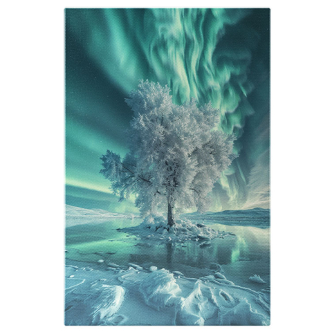 Aurora Boreală - Tablou Canvas: Esența Aurorei Boreale și Copacul Crescut în Mijlocul Ochiului de Gheață Pictura Digitala 40x25CM