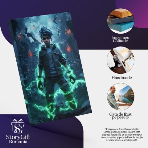 Tablou Canvas:  Fantastic Baiat cu Puteri Speciale in Orasul Distrus - Fotografie SF Pictura Digitala 40x25CM [2]