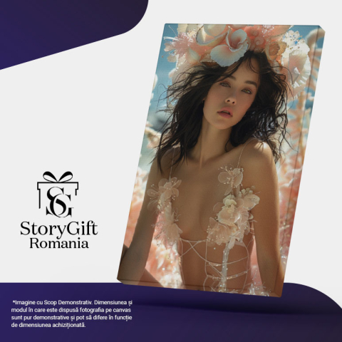 Tablou Canvas Fantezia Florală a Viselor și Aluziilor Flori în Părul Fetei și Rochie Decoltată , Pictura Digitala 40x25CM [4]