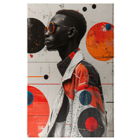 Portret - Tablou Canvas  Fascinantul Barbat ngeru cu Ochelari Portocali si Parul Scurt Cret in Jacheta Alba cu Pete de Culoare , Pictura Digitala 40x25CM