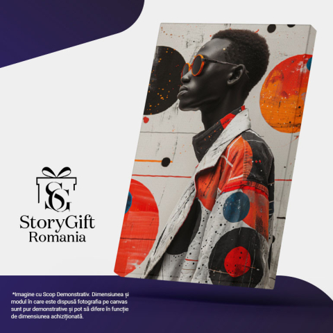 Tablou Canvas  Fascinantul Barbat ngeru cu Ochelari Portocali si Parul Scurt Cret in Jacheta Alba cu Pete de Culoare , Pictura Digitala 40x25CM [4]