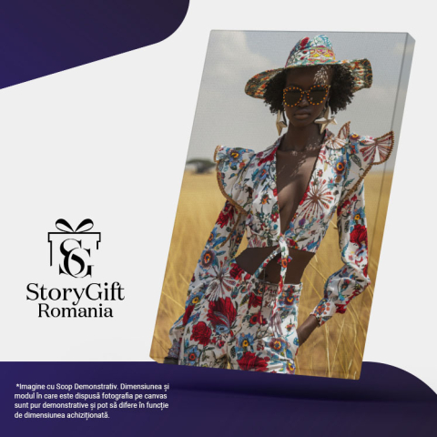 Tablou Canvas  Fashion Women Black cu Ochelari de Soare si Stelute Cercei cu Top si Pantaloni Albi Inflorati , Pictura Digitala 40x25CM [4]