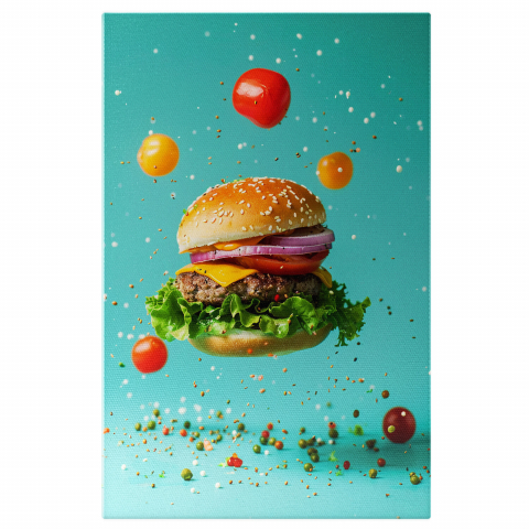 Burger Apetisant pe Fundal Albastru – Pictură Digitală Fast Food, Marime 40x25CM
